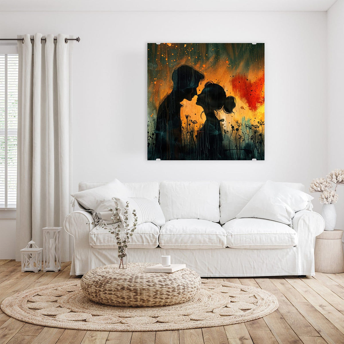 Silhouette eines Paares Stirn an Stirn vor orangem Grund, rechts ein rotes Herz, senkrechte Regenschlieren und Blumen im Vordergrund