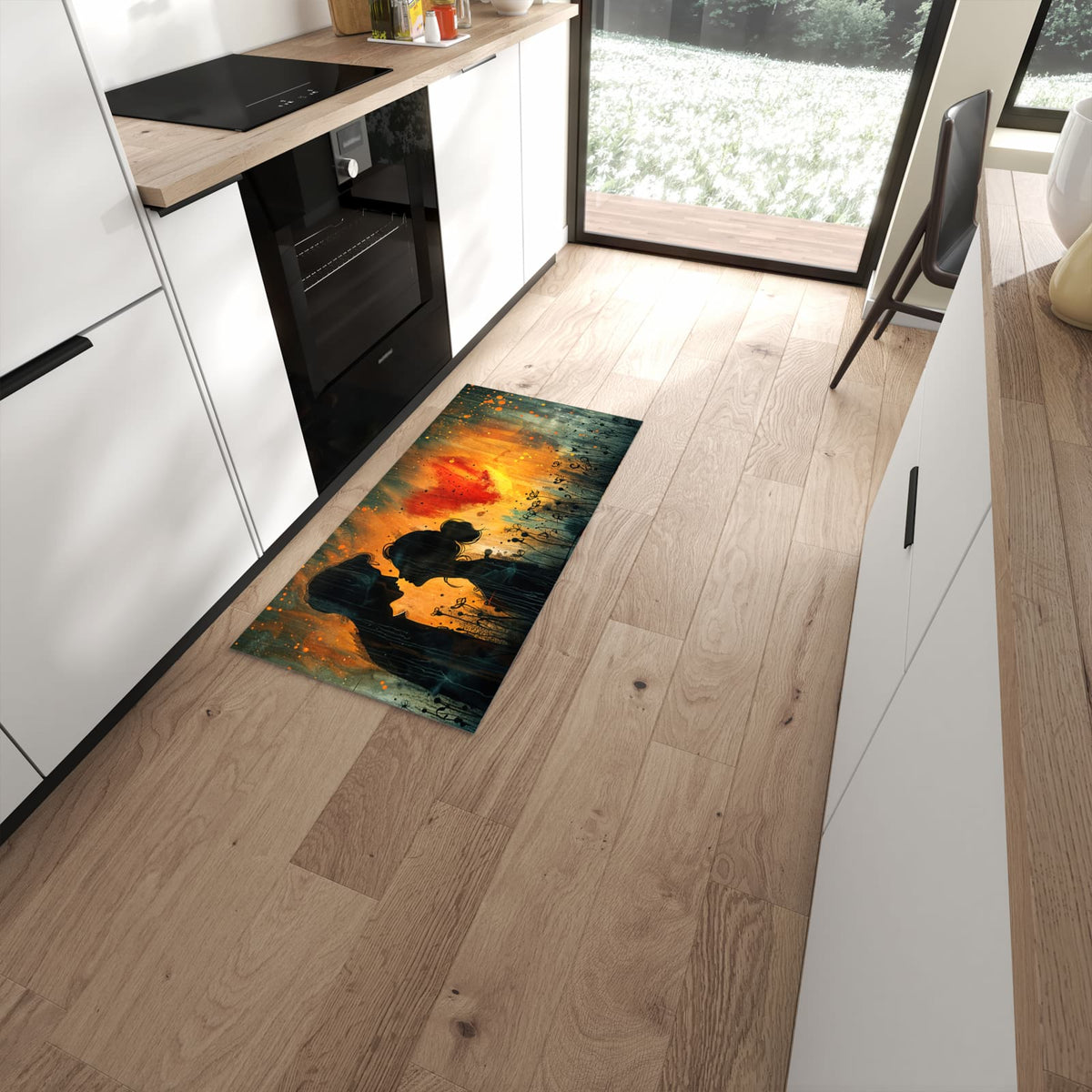 Leicht zu reinigender Küchenteppich mit Motiv Liebespaar im Regen in moderner Küche #grösse_60 x 120 cm