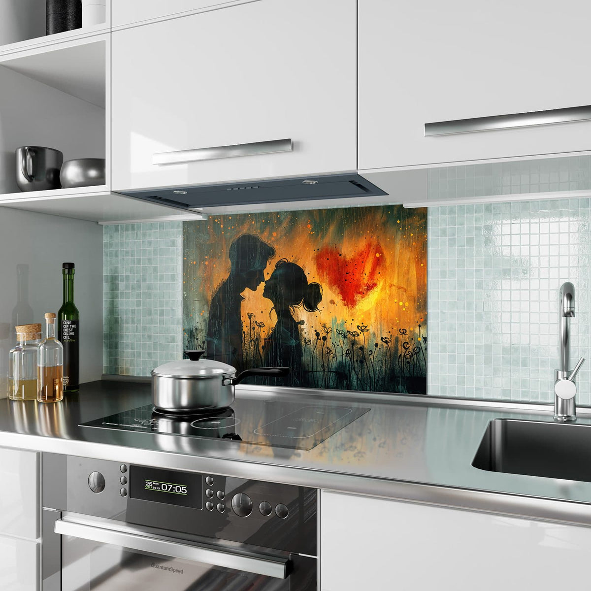 Küchenrückwand aus Glas Liebespaar mit Herz im Hochformat als Spritzschutz hinter dem Kochfeld, über dem Fliesenspiegel montiert