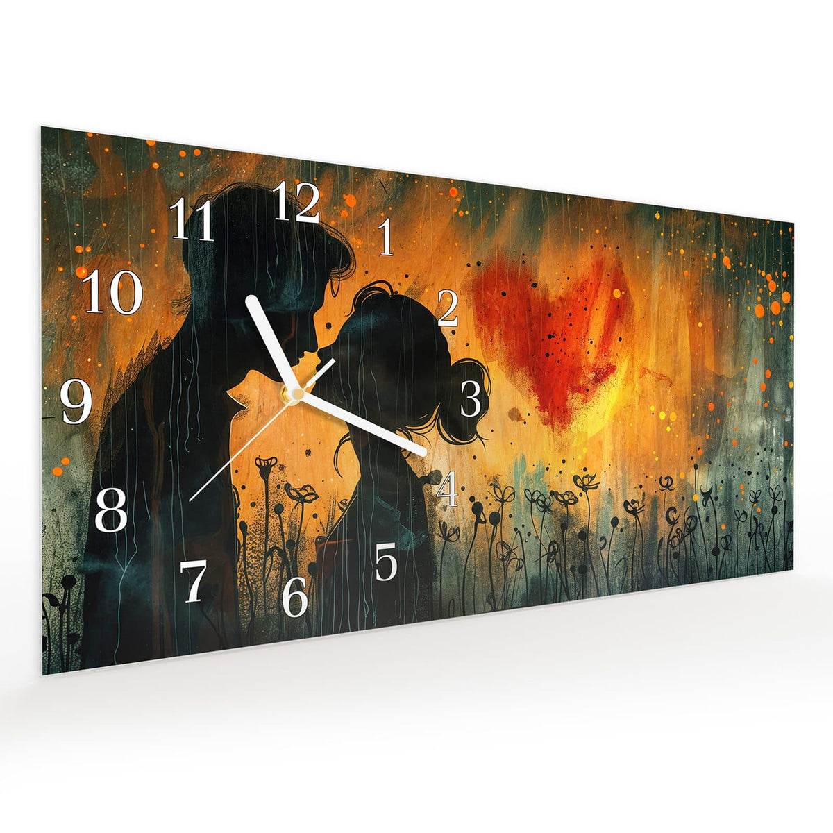 Vormontiert – mit Schwebeeffekt – Wanduhr Liebespaar im Regen aus Glas – Querformat 60 × 30 cm