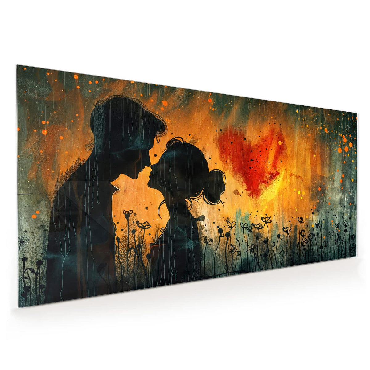 Küchenrückwand aus Glas im Hochformat mit Motiv Liebespaar mit Herz: Silhouette eines Paares Stirn an Stirn vor orangem Grund, rechts ein rotes Herz