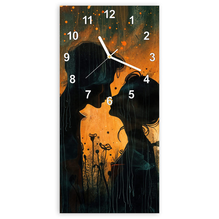 Wanduhr Liebespaar im Regen aus Glas – Hochformat 30 × 60 cm mit Ziffernblatt Modern