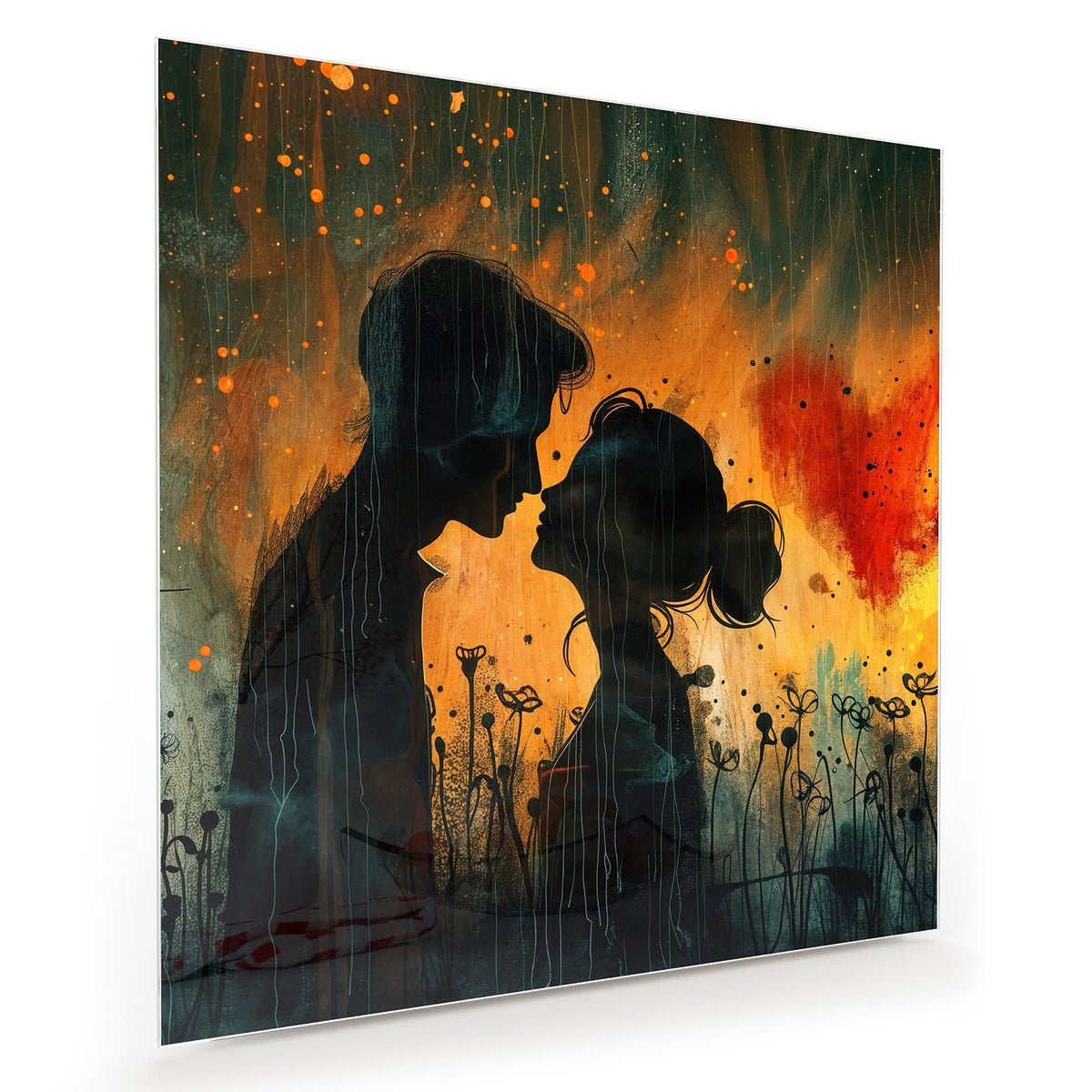 Silhouette eines Paares Stirn an Stirn vor orangem Grund, rechts ein rotes Herz, senkrechte Regenschlieren und Blumen im Vordergrund