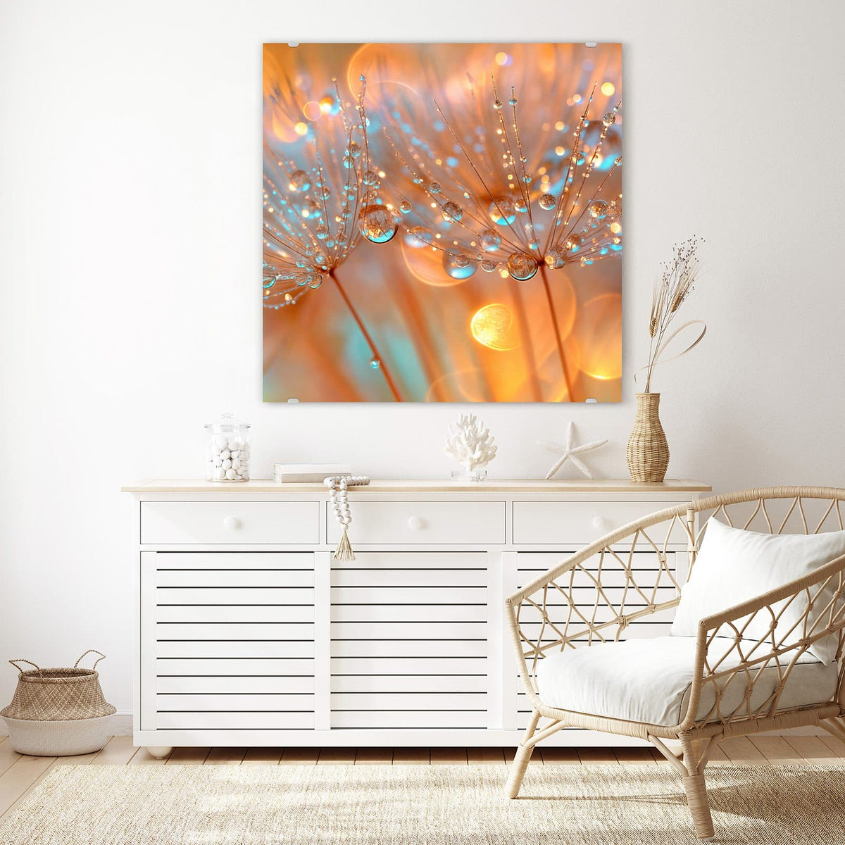 Glasbild Pusteblume im Tau an der Wand – Zwei Samenschirme dicht mit klaren Wassertropfen besetzt, orange-türkises Bokeh dahinter.