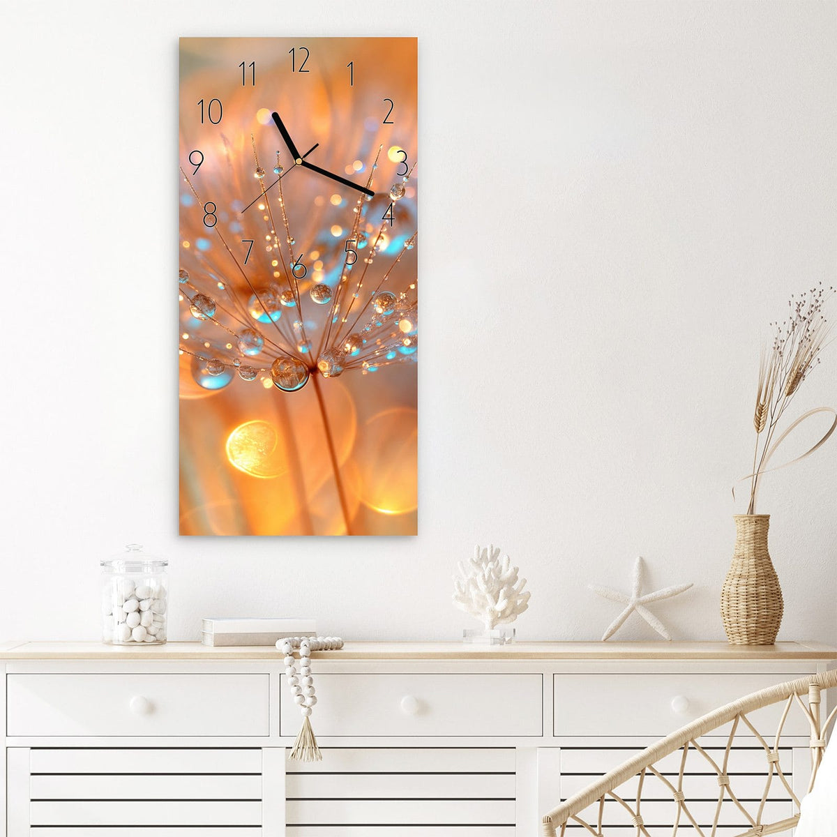 Wanduhr Pusteblumen Tropfen aus Glas – Hochformat 30 × 60 cm – Pusteblumen mit funkelnden Tautropfen