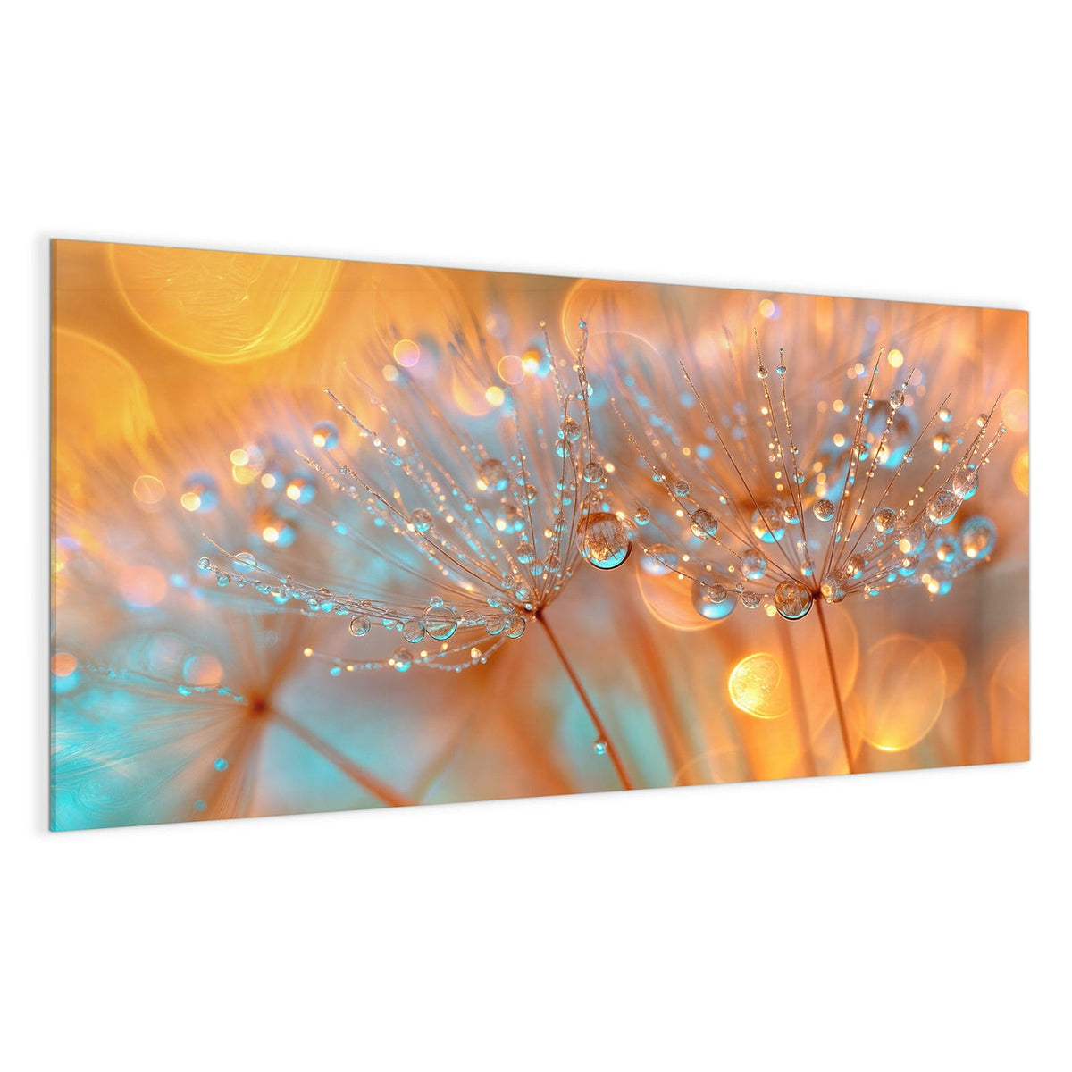 Zwei Samenschirme dicht mit klaren Wassertropfen besetzt, orange-türkises Bokeh dahinter.