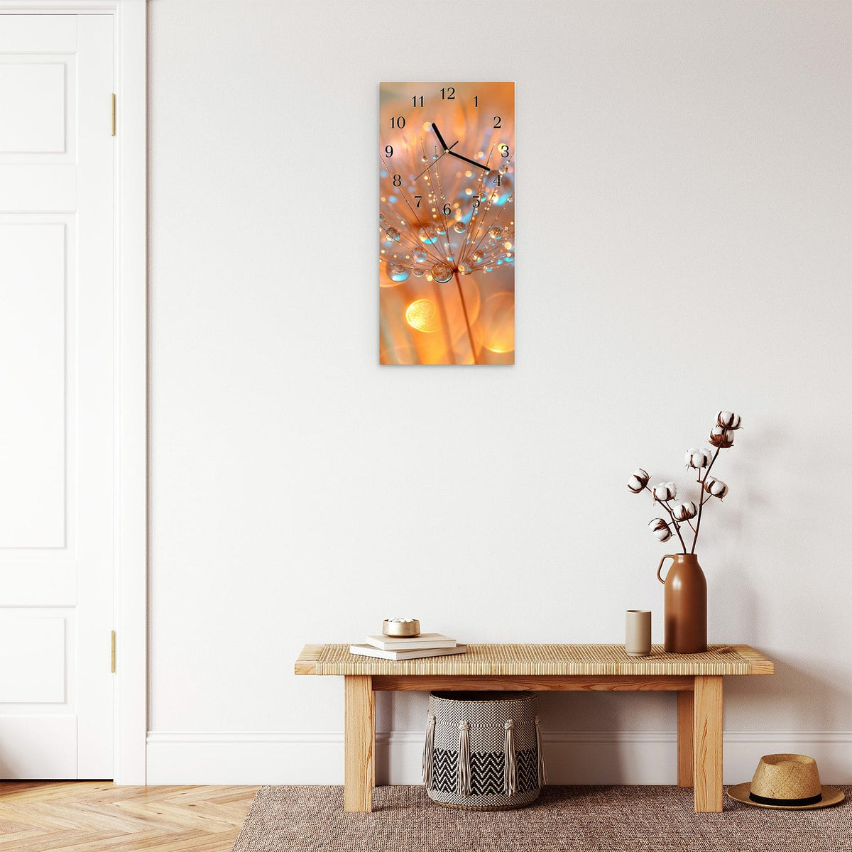 Moderne Wanduhr aus Glas mit Farbtiefe – Wanduhr Pusteblumen Tropfen aus Glas – Hochformat 30 × 60 cm