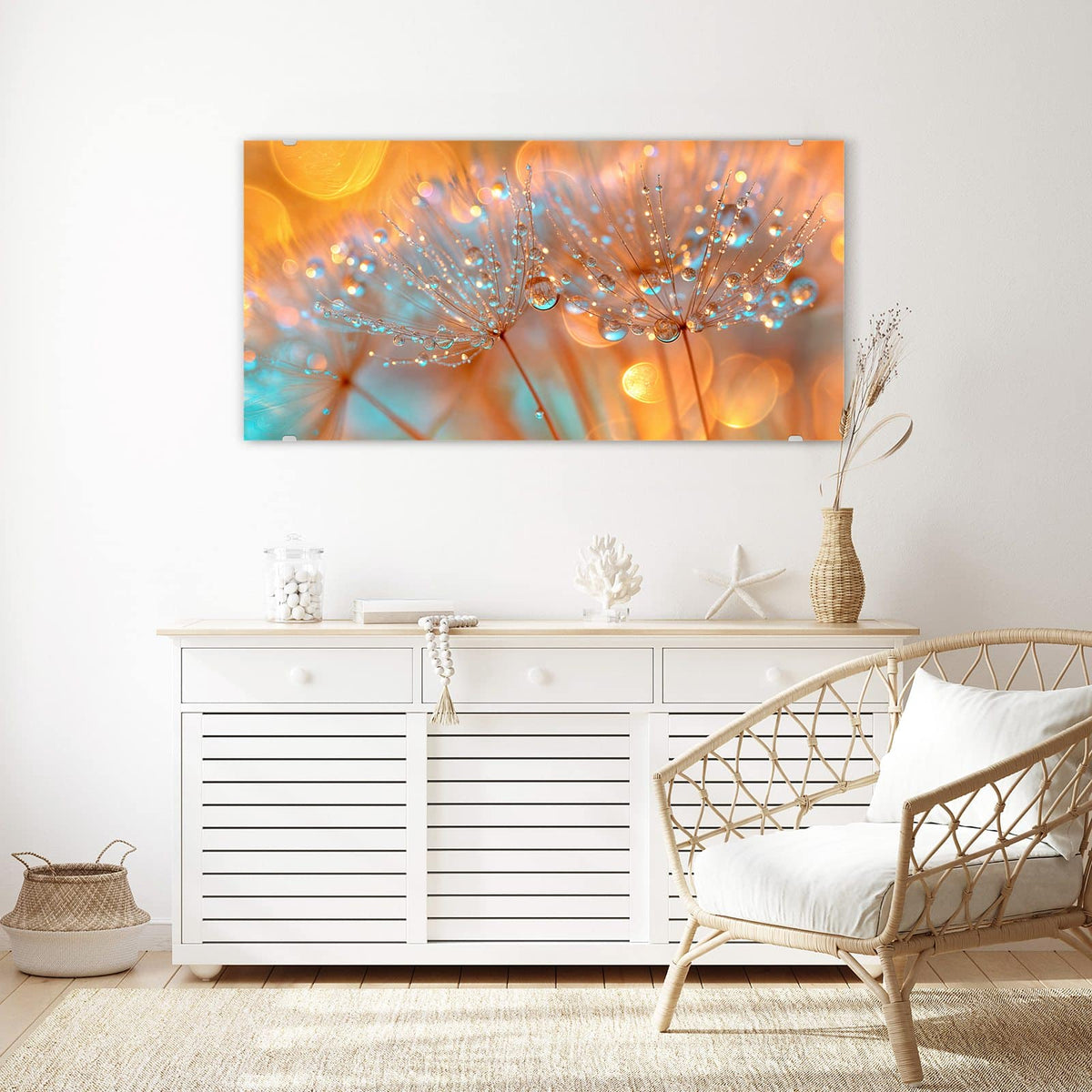 Echtglas, 4 mm – kein Acryl, keine Folie – Wandbild - Pusteblume im Tau - Querformat