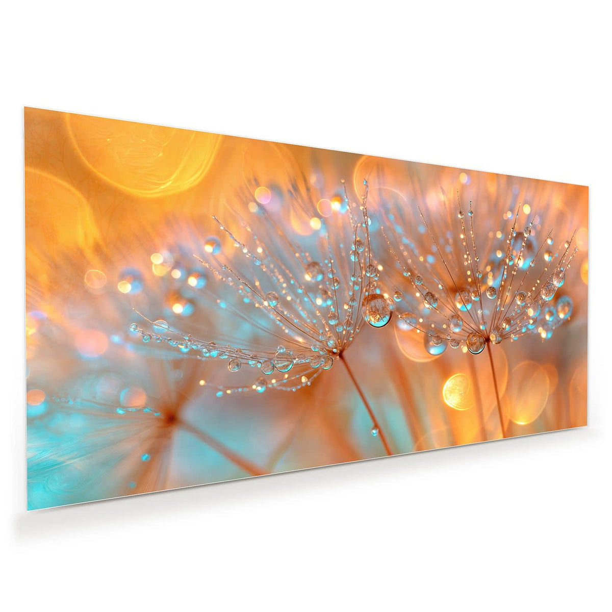 Zwei Samenschirme dicht mit klaren Wassertropfen besetzt, orange-türkises Bokeh dahinter.