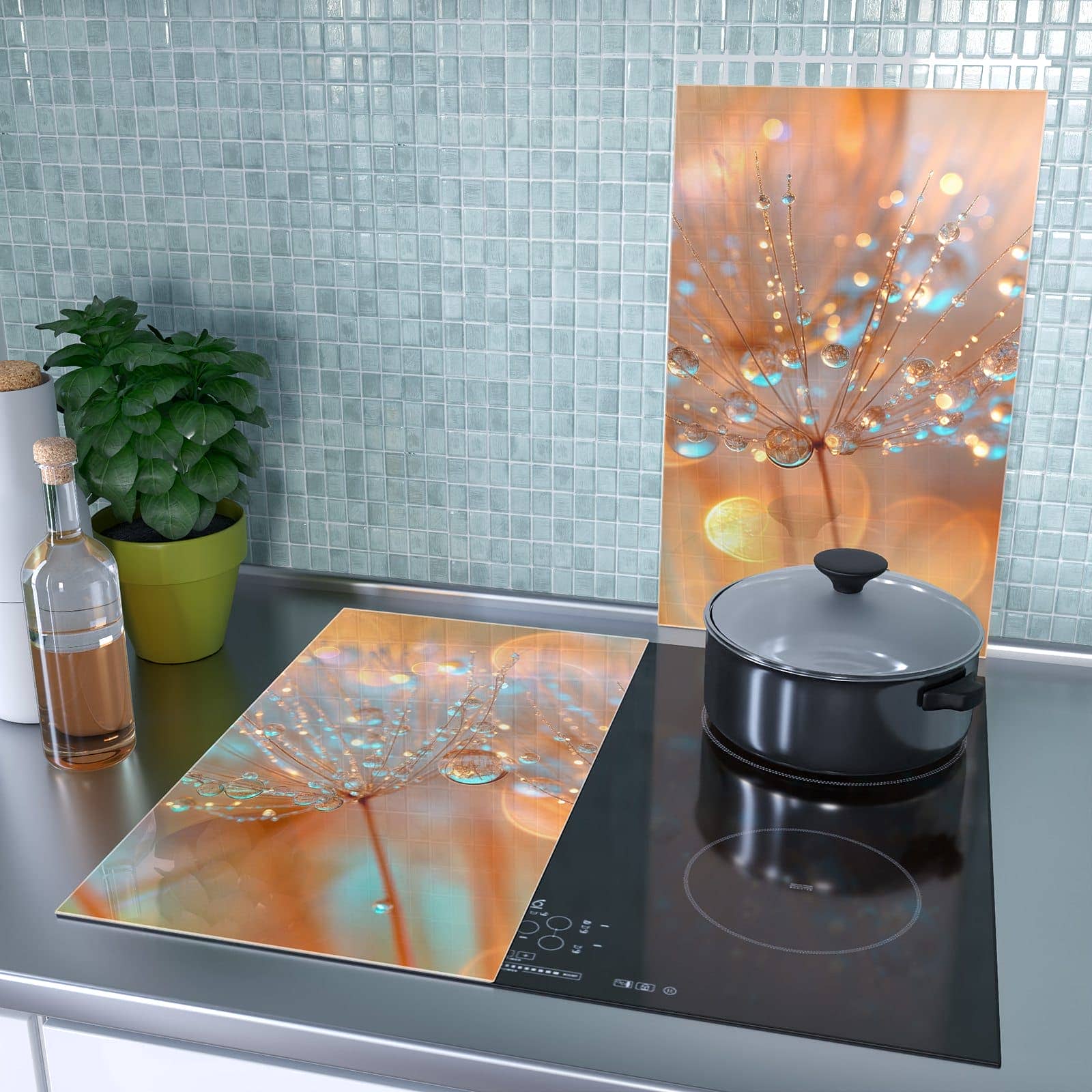2-teilige Herdabdeckplatten für Ceranfeld mit Pusteblumen Tropfen-Motiv als Spritzschutz hinter dem Kochfeld