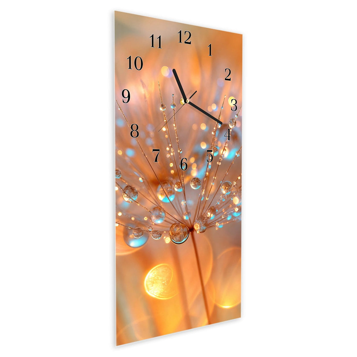 Vormontiert – mit Schwebeeffekt – Wanduhr Pusteblumen Tropfen aus Glas – Hochformat 30 × 60 cm