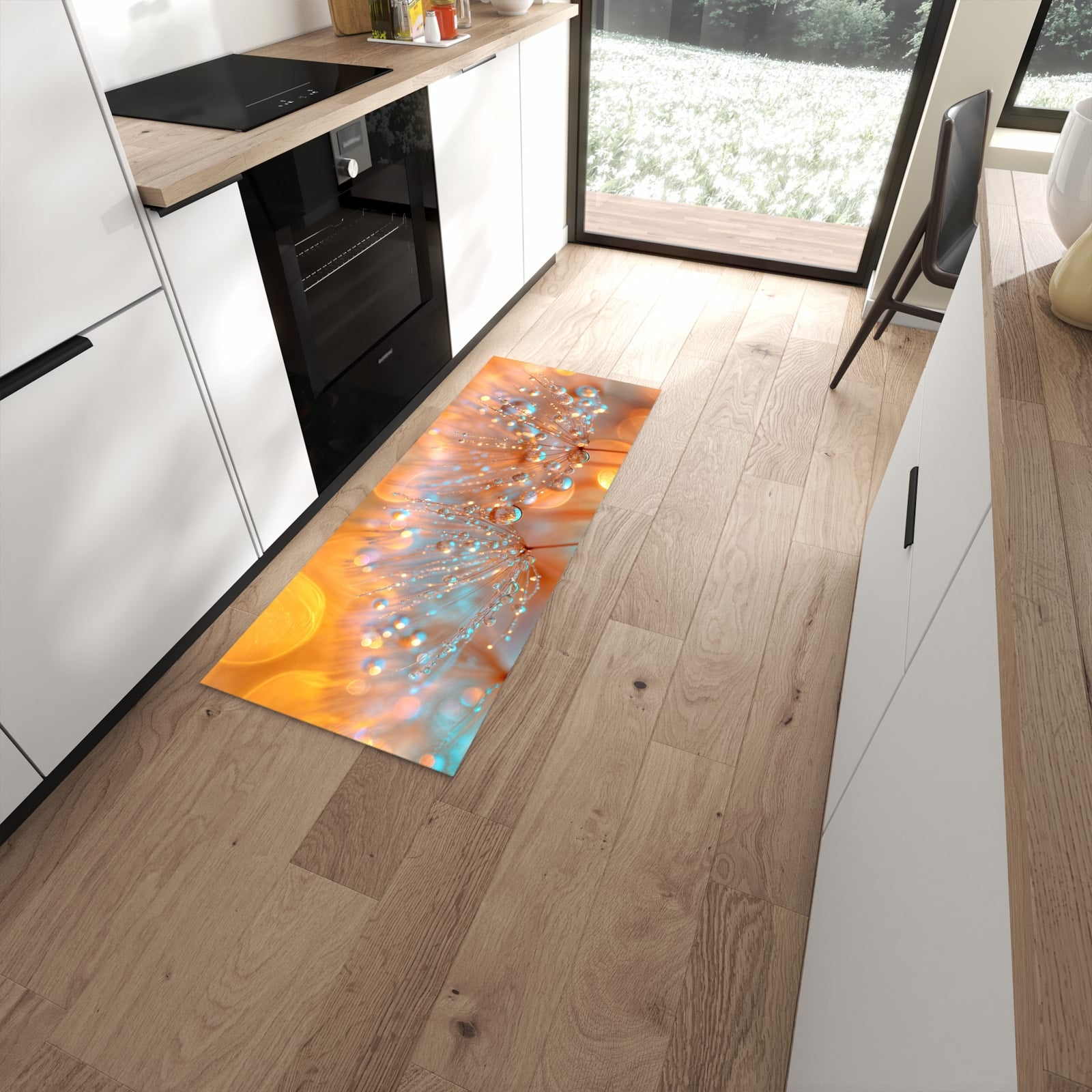 Abriebfester Küchenteppich mit Motiv Pusteblumen Tropfen in moderner Küche #grösse_60 x 150 cm