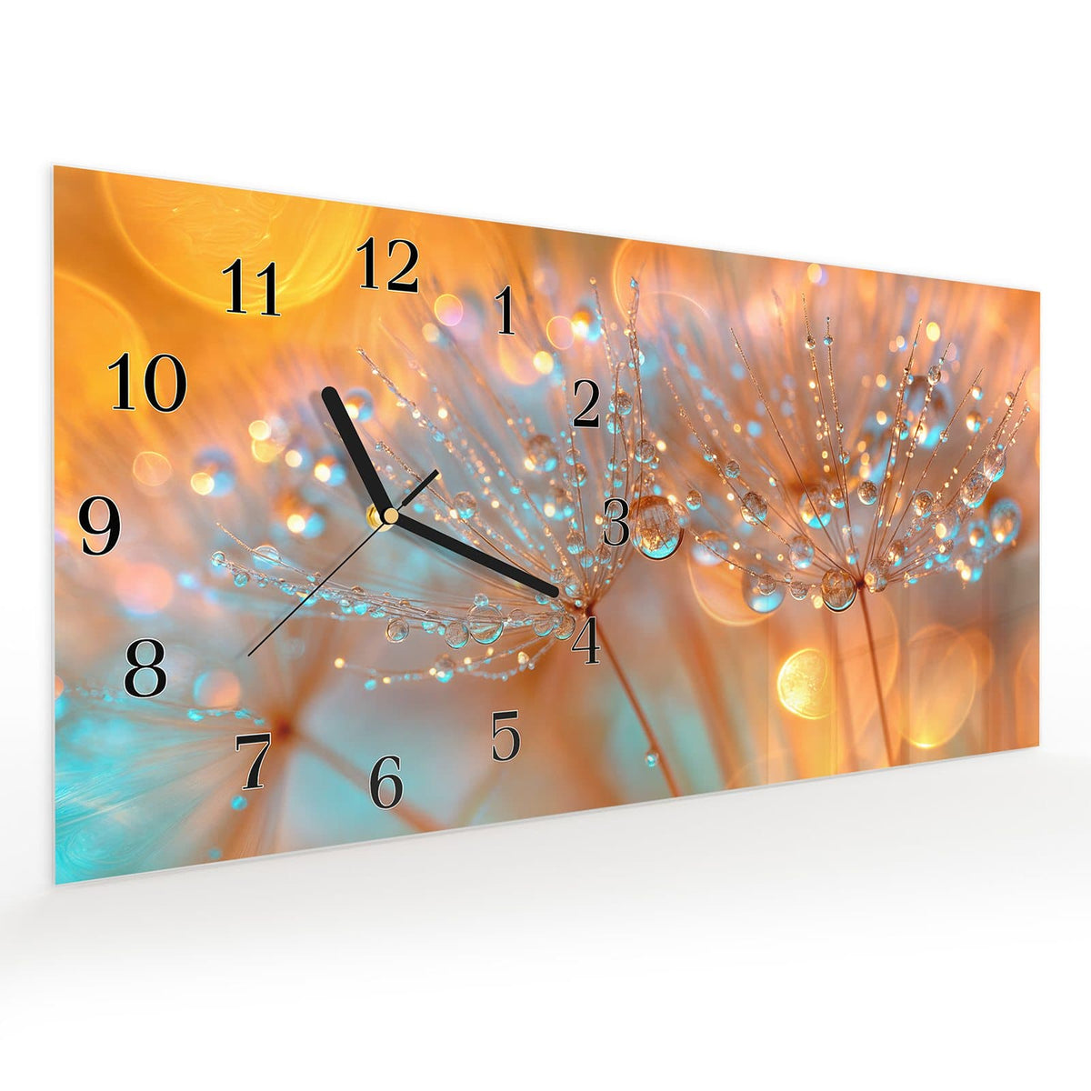 Vormontiert – mit Schwebeeffekt – Wanduhr Pusteblumen Tropfen aus Glas – Querformat 60 × 30 cm