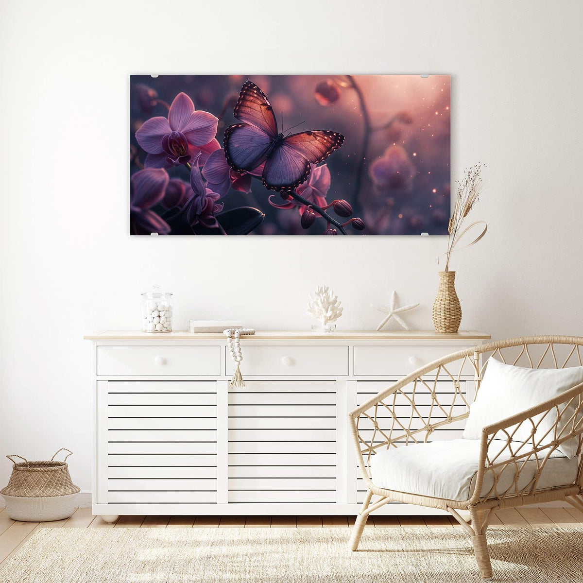 Echtglas, 4 mm – kein Acryl, keine Folie – Wandbild - Lila Schmetterling - Querformat