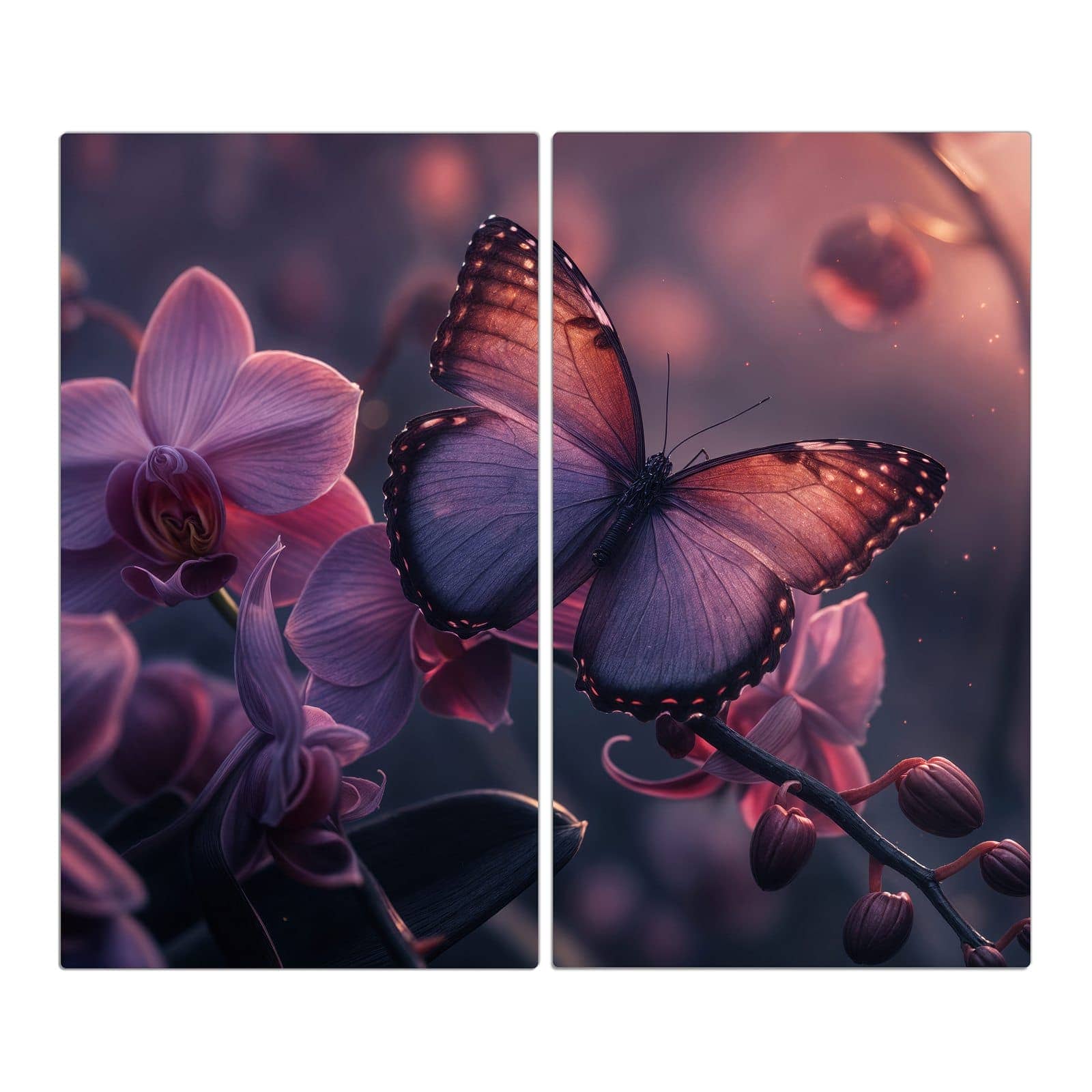 2-teilige Herdabdeckplatte mit Schmetterling Blüte-Motiv in der Frontansicht #grösse_2-Teilig (60x52cm)