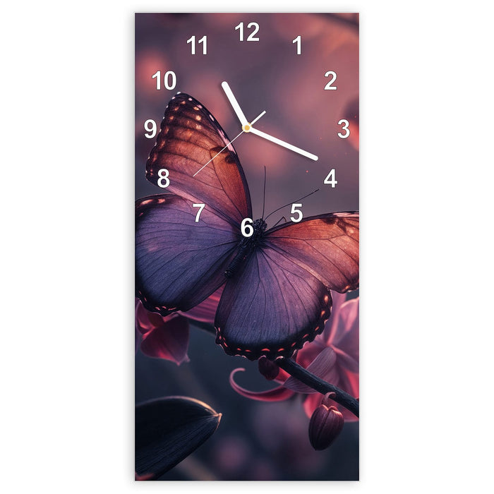 Wanduhr Schmetterling Blüte aus Glas – Hochformat 30 × 60 cm mit Ziffernblatt Modern