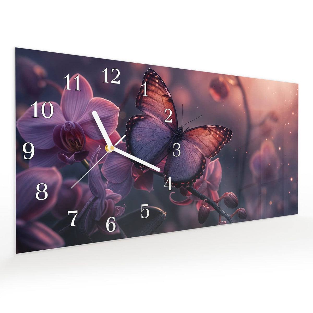 Vormontiert – mit Schwebeeffekt – Wanduhr Schmetterling Blüte aus Glas – Querformat 60 × 30 cm