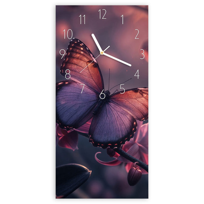 Wanduhr Schmetterling Blüte aus Glas – Hochformat 30 × 60 cm mit Ziffernblatt Elegant