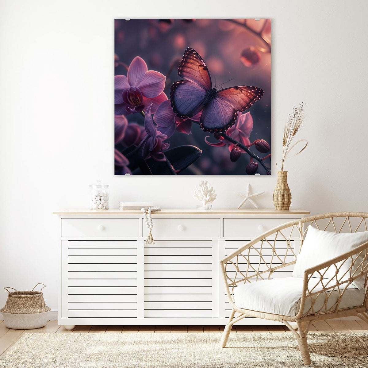 Echtglas, 4 mm – kein Acryl, keine Folie – Wandbild - Lila Schmetterling - Quadratisch