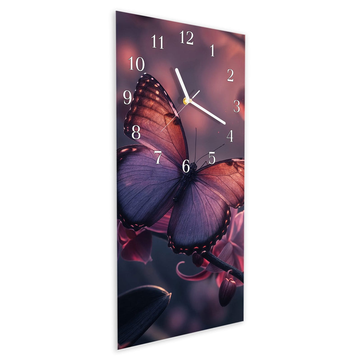 Vormontiert – mit Schwebeeffekt – Wanduhr Schmetterling Blüte aus Glas – Hochformat 30 × 60 cm
