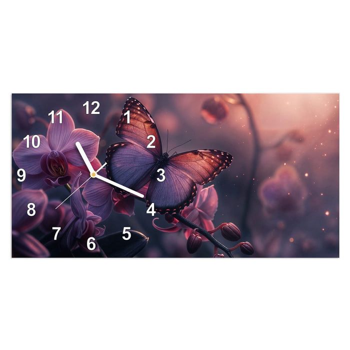 Wanduhr Schmetterling Blüte aus Glas – Querformat 60 × 30 cm mit Ziffernblatt Modern