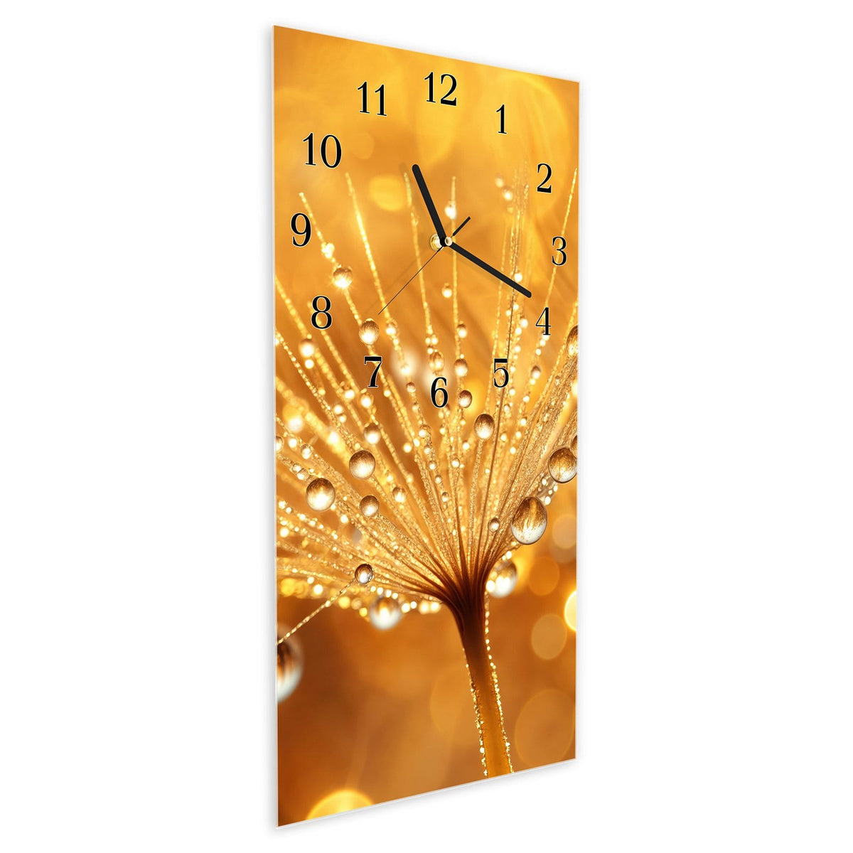 Vormontiert – mit Schwebeeffekt – Wanduhr Löwenzahn Tropfen aus Glas – Hochformat 30 × 60 cm