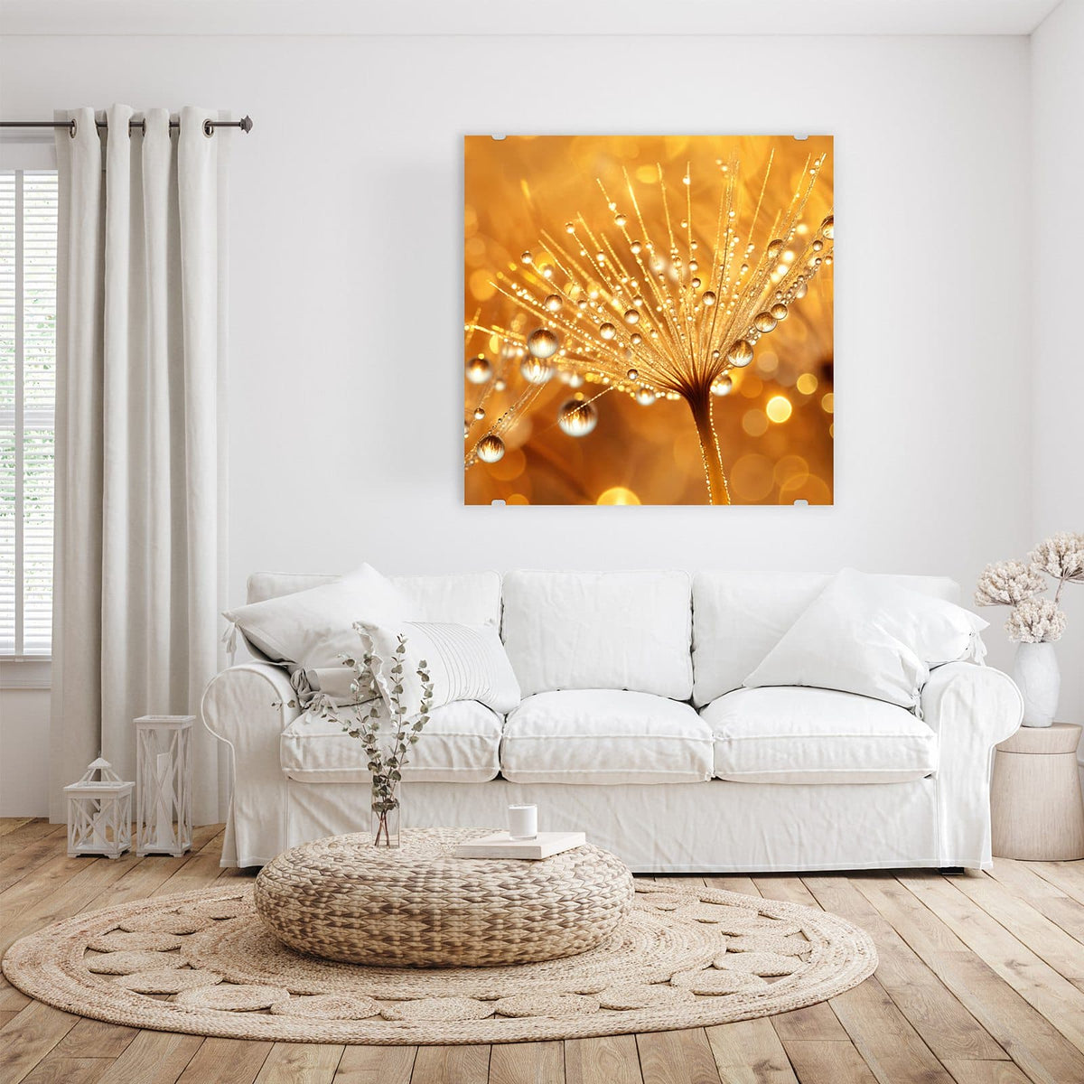 Glasbild Pusteblume voll Tau an der Wand – Löwenzahnschirmchen voller funkelnder Wassertropfen vor goldenen Lichtpunkten.