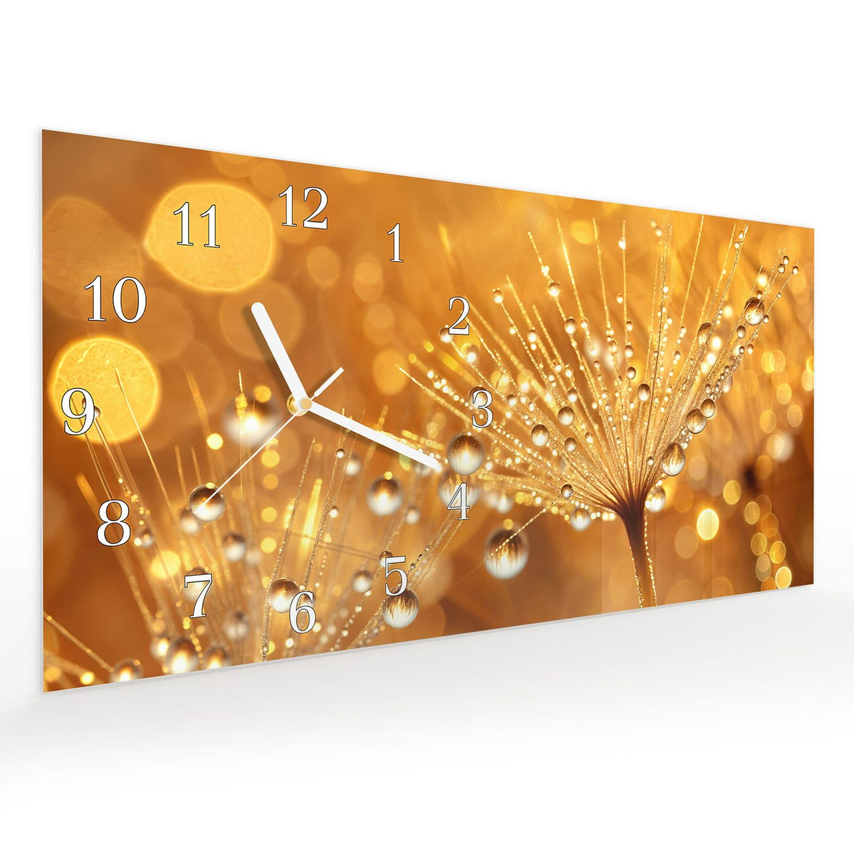 Vormontiert – mit Schwebeeffekt – Wanduhr Löwenzahn Tropfen aus Glas – Querformat 60 × 30 cm
