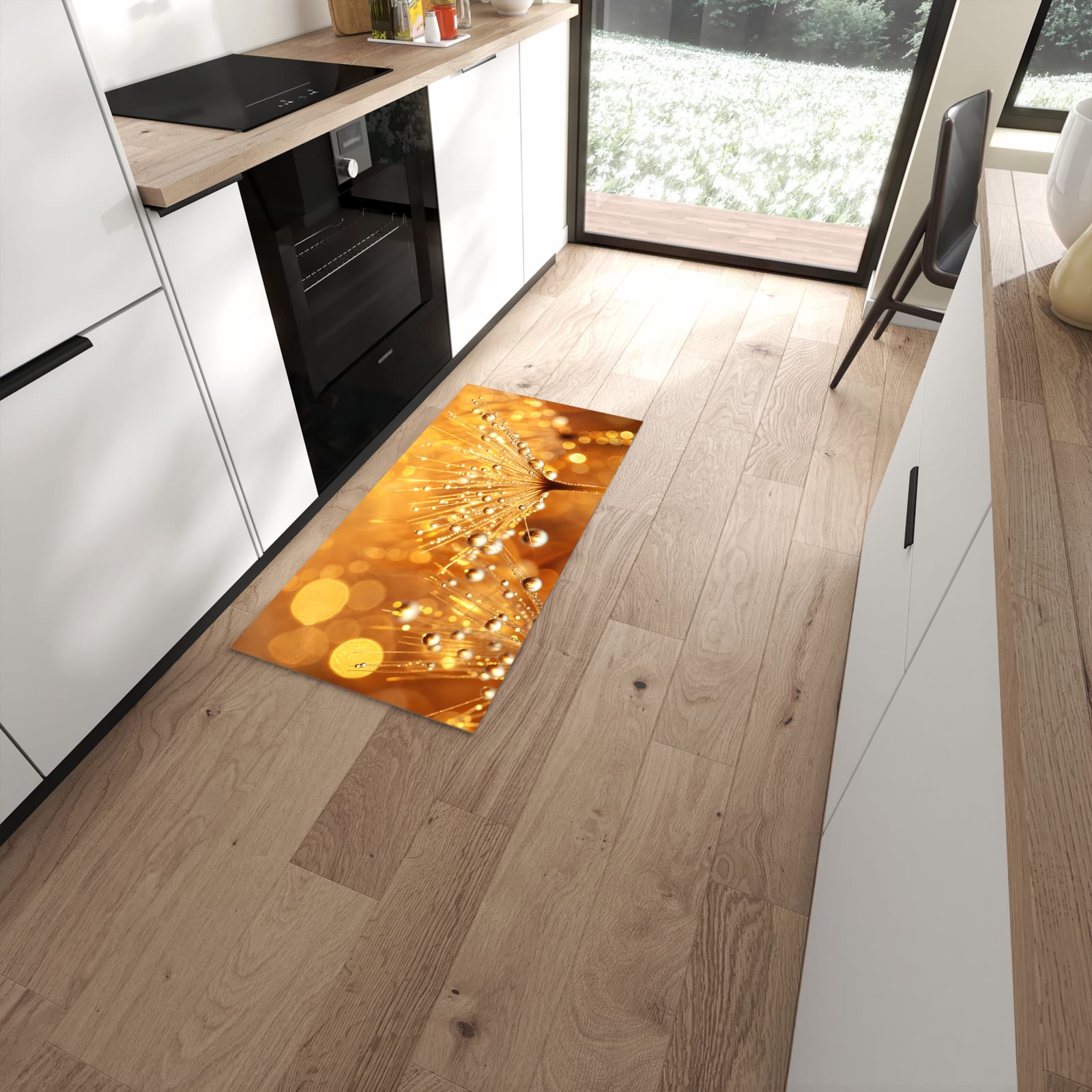 UV-beständiger Küchenläufer mit Motiv Löwenzahn Tropfen in moderner Küche - waschbar #grösse_60 x 120 cm
