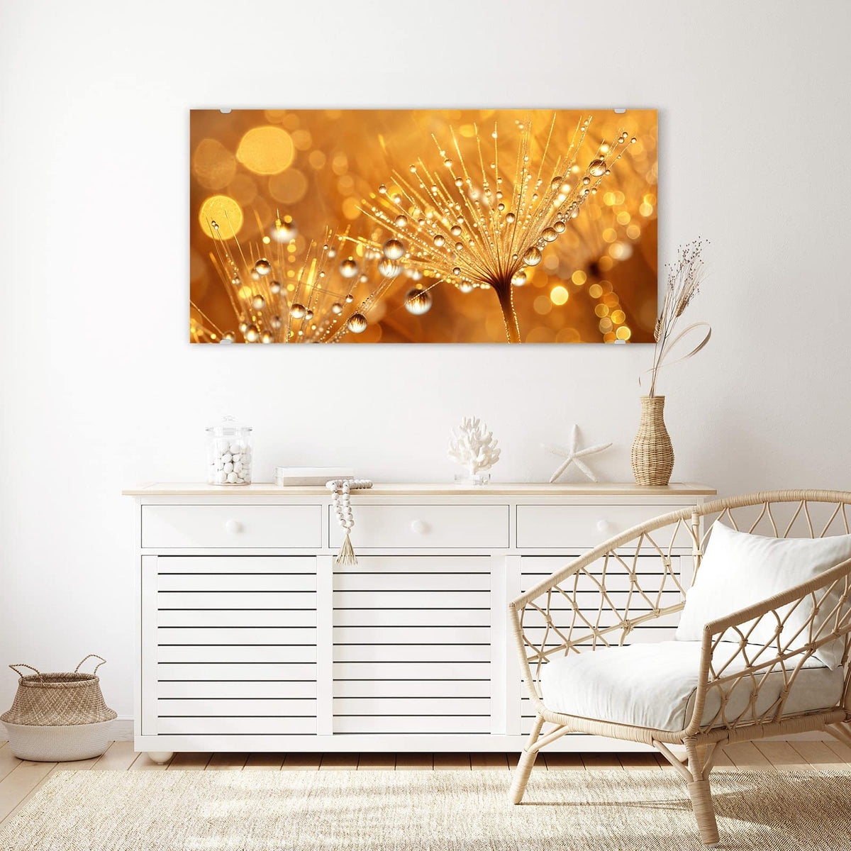 Echtglas, 4 mm – kein Acryl, keine Folie – Wandbild - Pusteblume voll Tau - Querformat