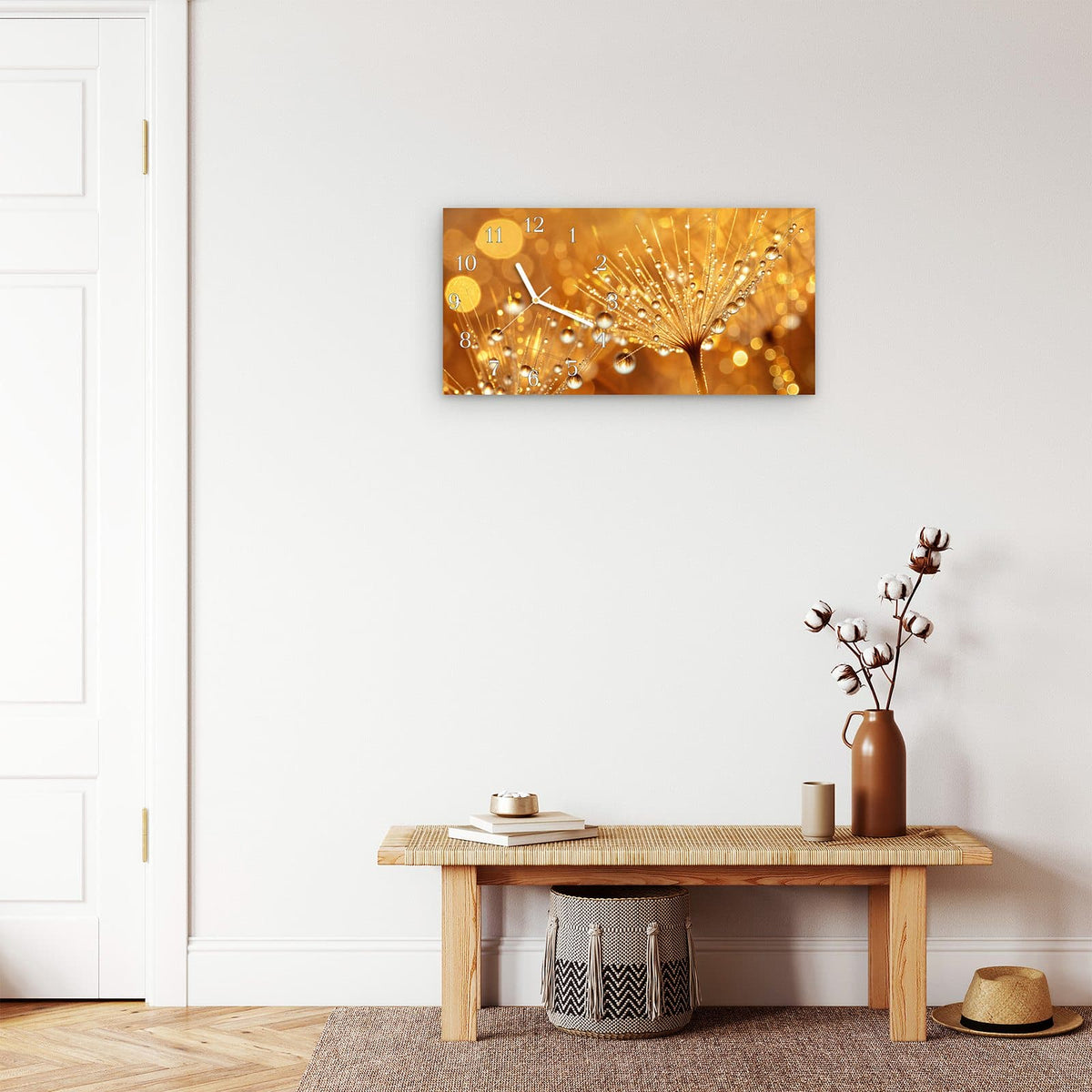 Moderne Wanduhr aus Glas mit Farbtiefe – Wanduhr Löwenzahn Tropfen aus Glas – Querformat 60 × 30 cm