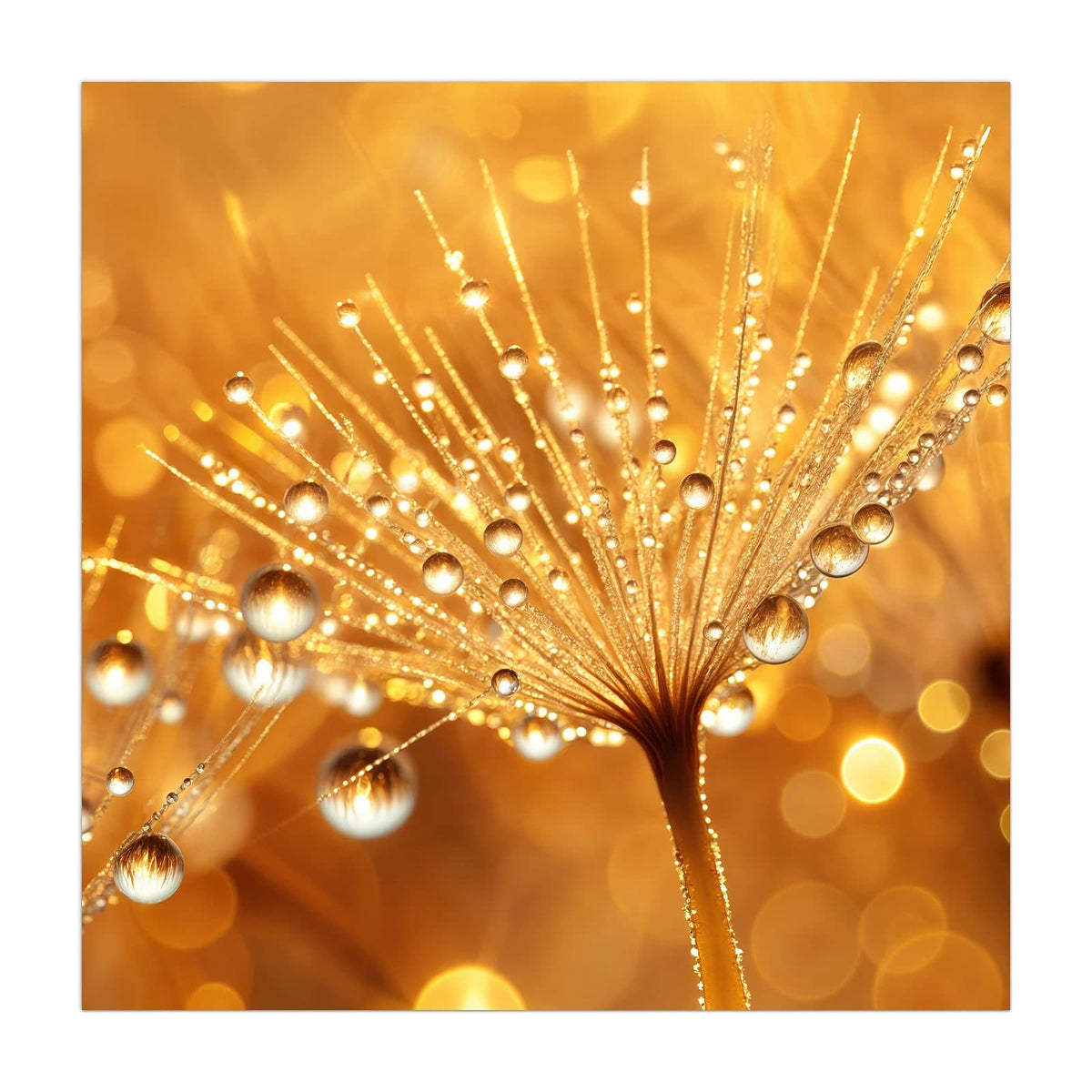 Löwenzahnschirmchen voller funkelnder Wassertropfen vor goldenen Lichtpunkten.
