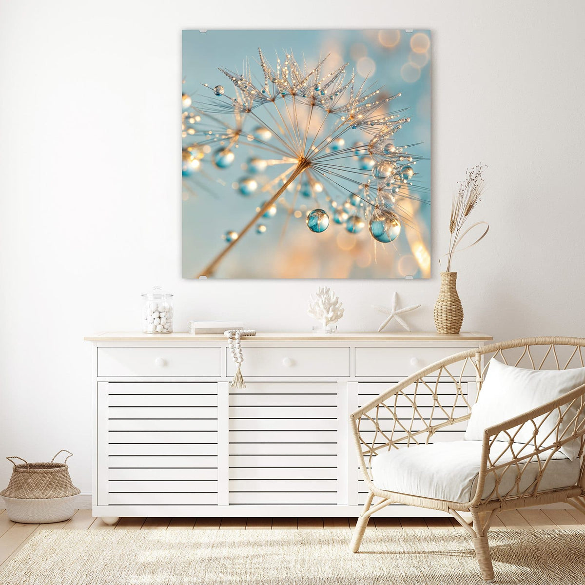 Glasbild Pusteblume am Himmel an der Wand – Einzelner Samenschirm mit funkelnden Tautropfen vor hellblauem Himmel und goldenem Bokeh