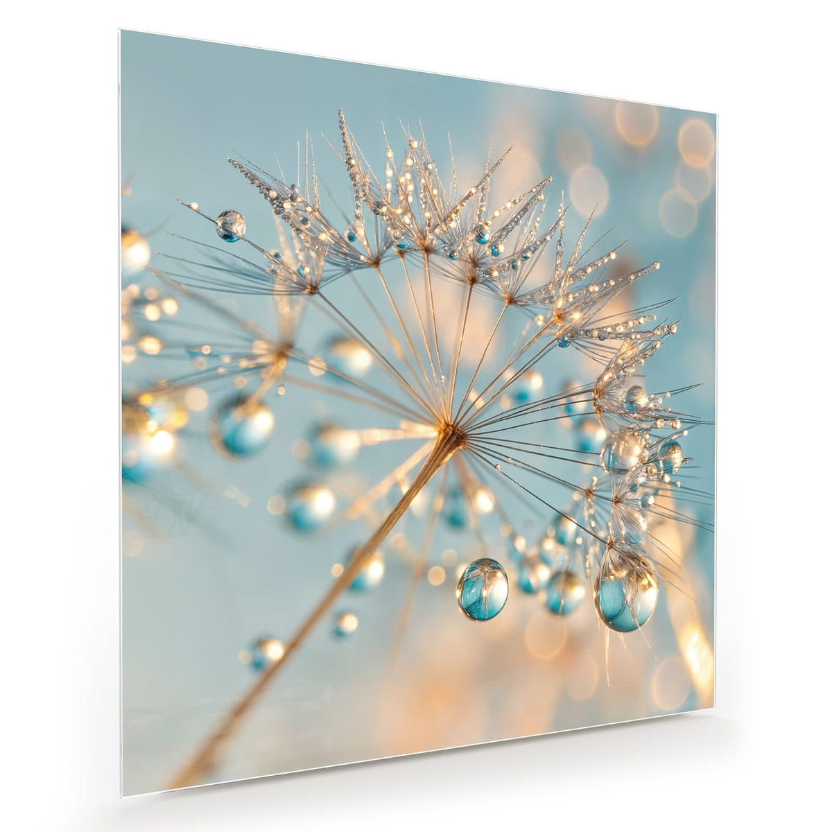 Einzelner Samenschirm mit funkelnden Tautropfen vor hellblauem Himmel und goldenem Bokeh