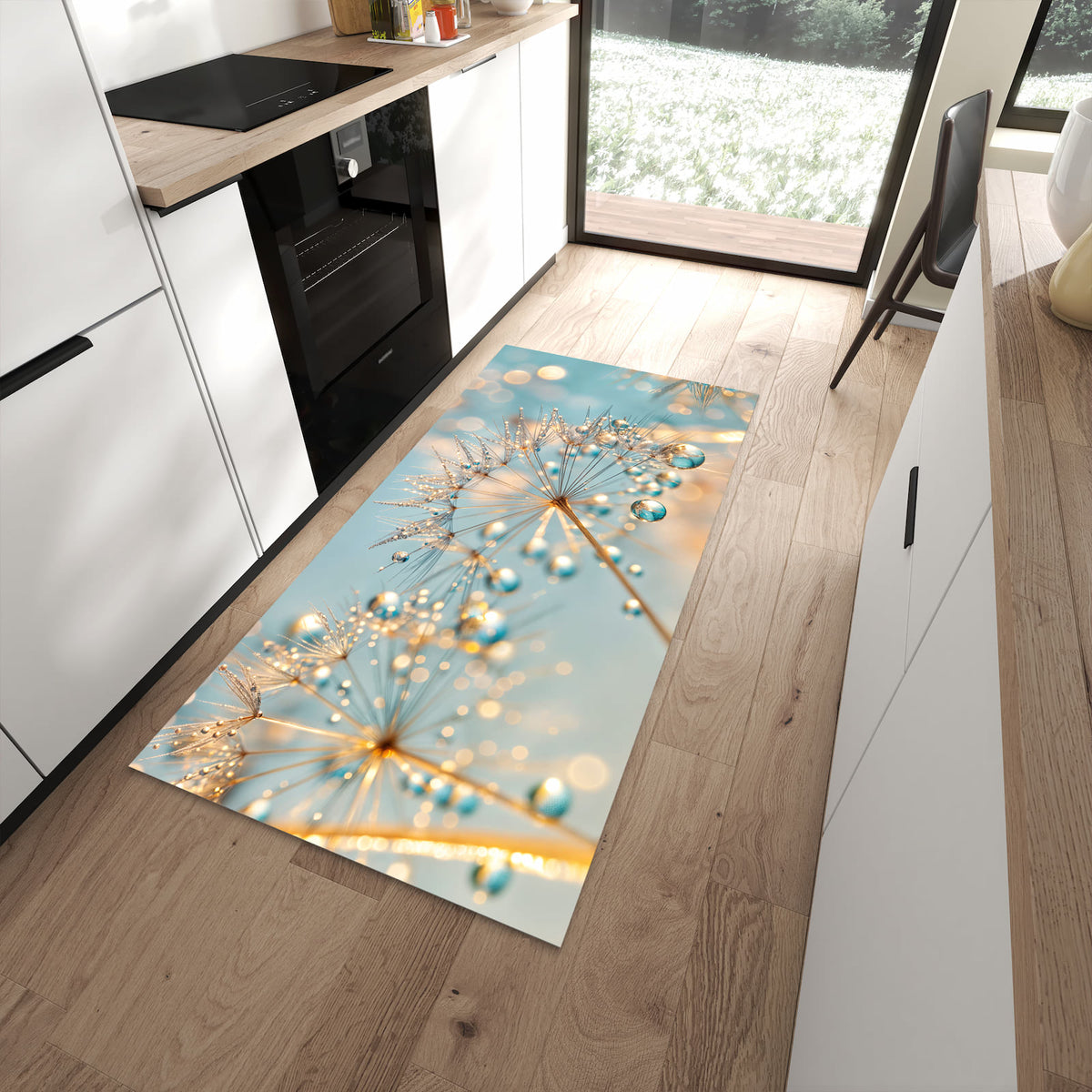 Geräuschdämpfender Küchenläufer mit Motiv Pusteblume Wassertropfen in moderner Küche