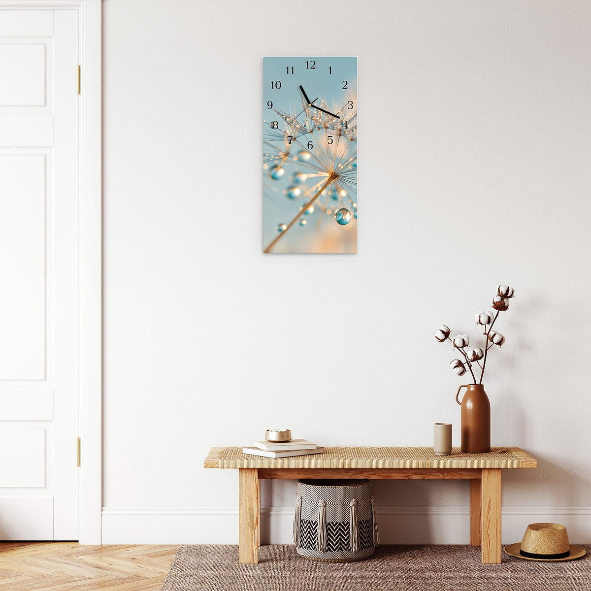 Moderne Wanduhr aus Glas mit Farbtiefe – Wanduhr Pusteblume Wassertropfen aus Glas – Hochformat 30 × 60 cm
