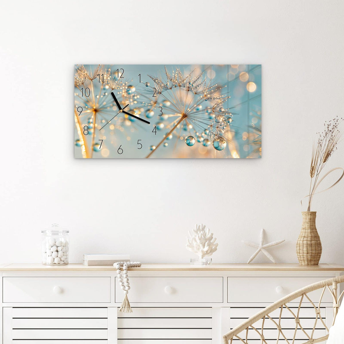 Wanduhr Pusteblume Wassertropfen aus Glas – Querformat 60 × 30 cm – Pusteblumenschirmchen in Pastellblau und Gold