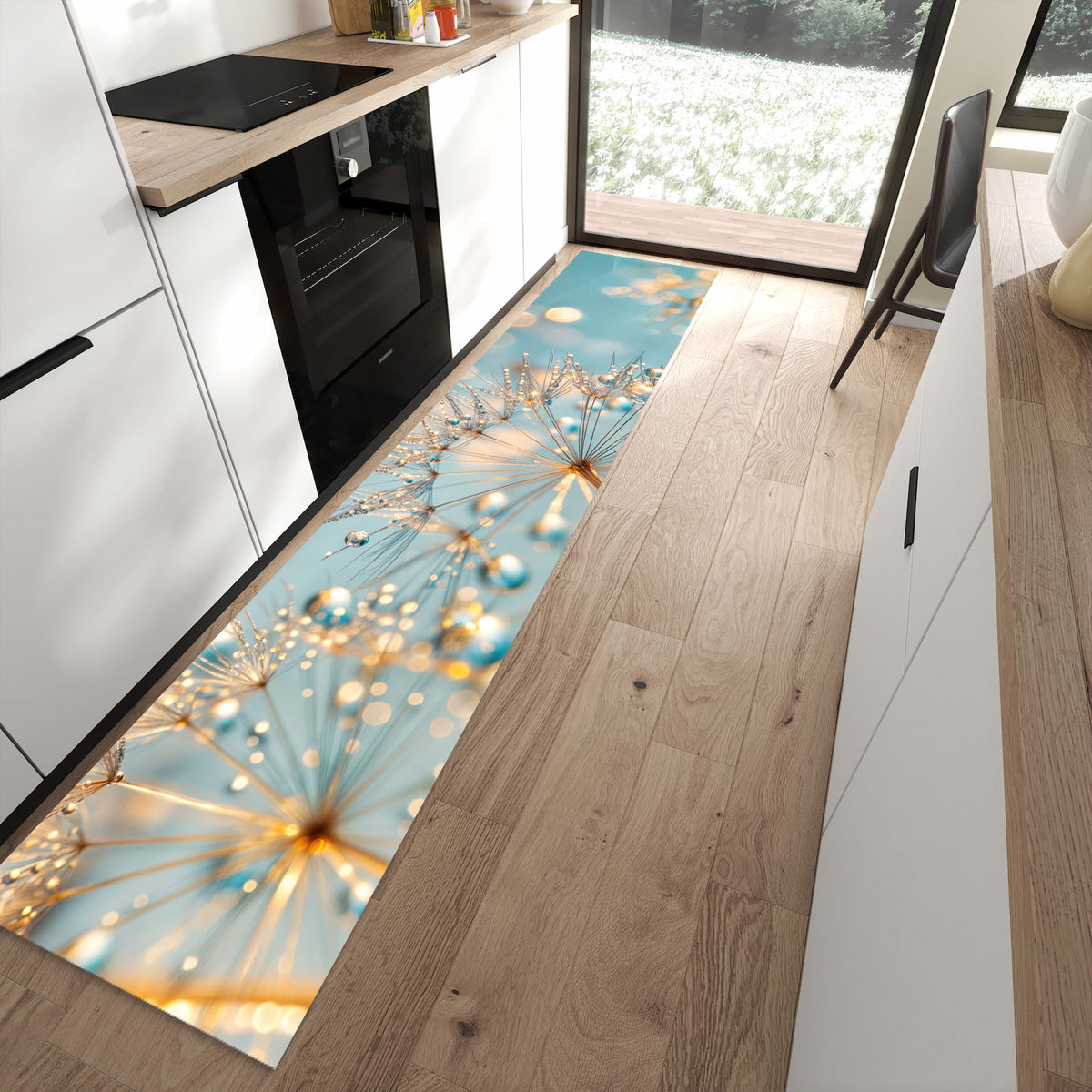 Waschbarer Küchenläufer mit Motiv Pusteblume Wassertropfen für Ordnung in moderner Küche