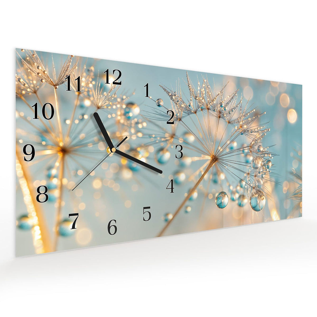 Vormontiert – mit Schwebeeffekt – Wanduhr Pusteblume Wassertropfen aus Glas – Querformat 60 × 30 cm