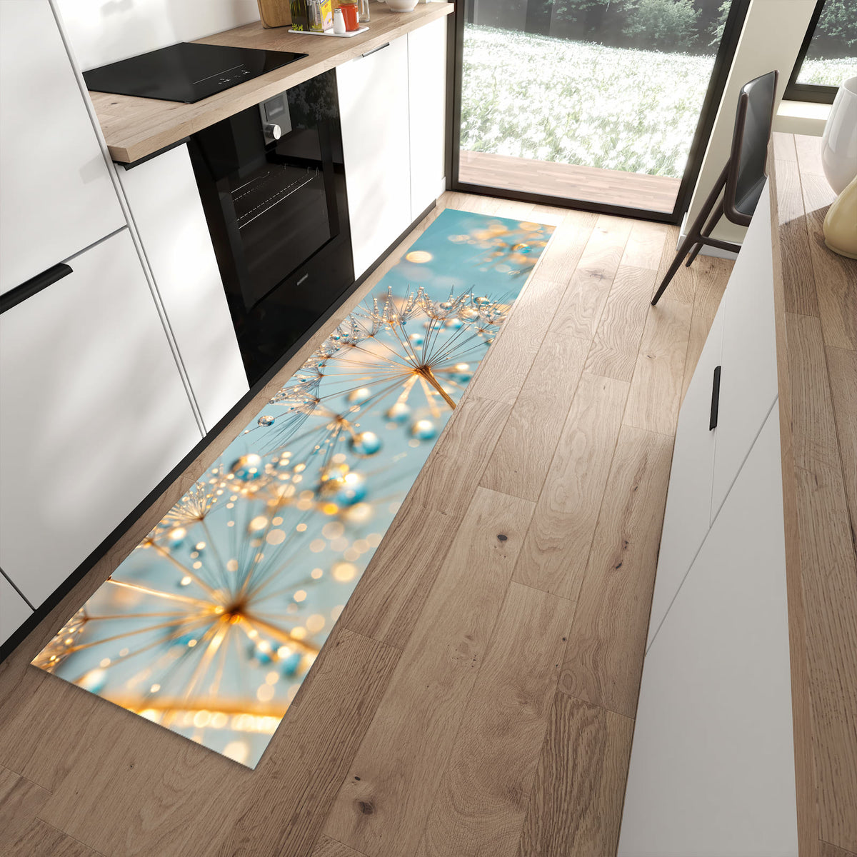 Bodenschonender Küchenläufer mit Motiv Pusteblume Wassertropfen in moderner Küche