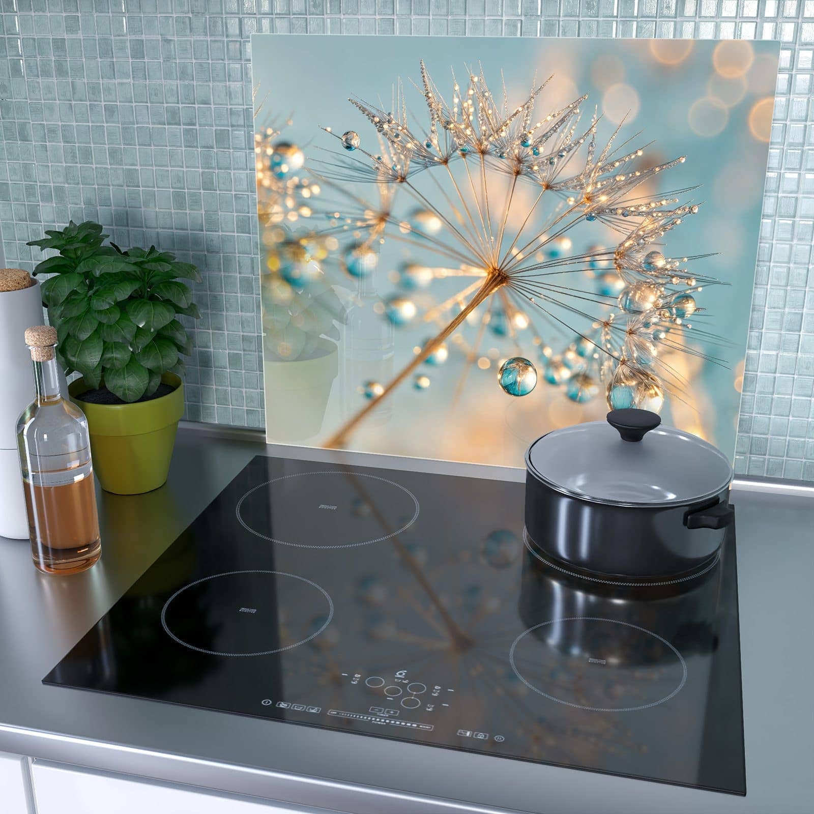 1-teilige Kochfeldabdeckung mit Pusteblume Wassertropfen-Motiv als Spritzschutz hinter dem Kochfeld