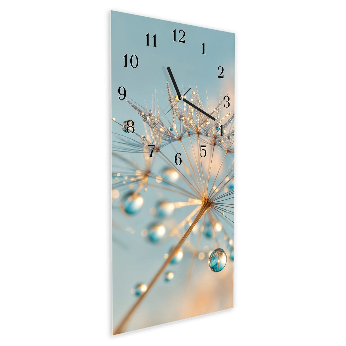 Vormontiert – mit Schwebeeffekt – Wanduhr Pusteblume Wassertropfen aus Glas – Hochformat 30 × 60 cm