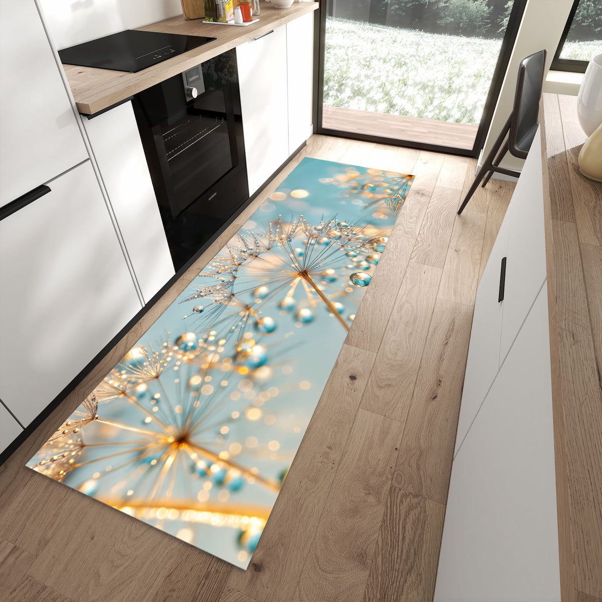 Formstabiler rutschfester Küchenläufer mit Motiv Pusteblume Wassertropfen in moderner Küche