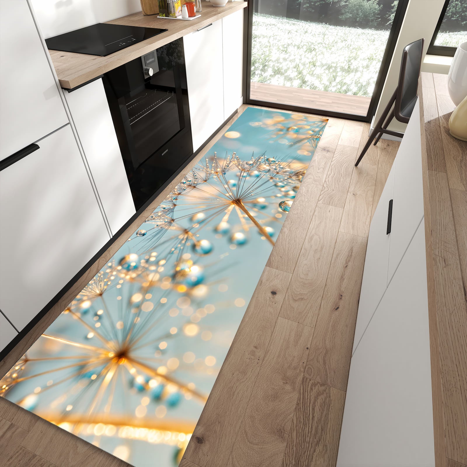 Zeitsparender rutschfester Küchenläufer mit Motiv Pusteblume Wassertropfen in moderner Küche
