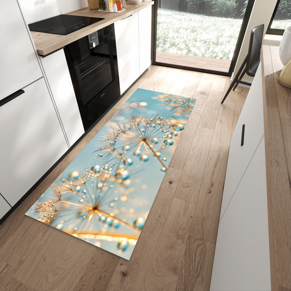 Farbbeständiger rutschfester Küchenläufer mit Motiv Pusteblume Wassertropfen in moderner Küche