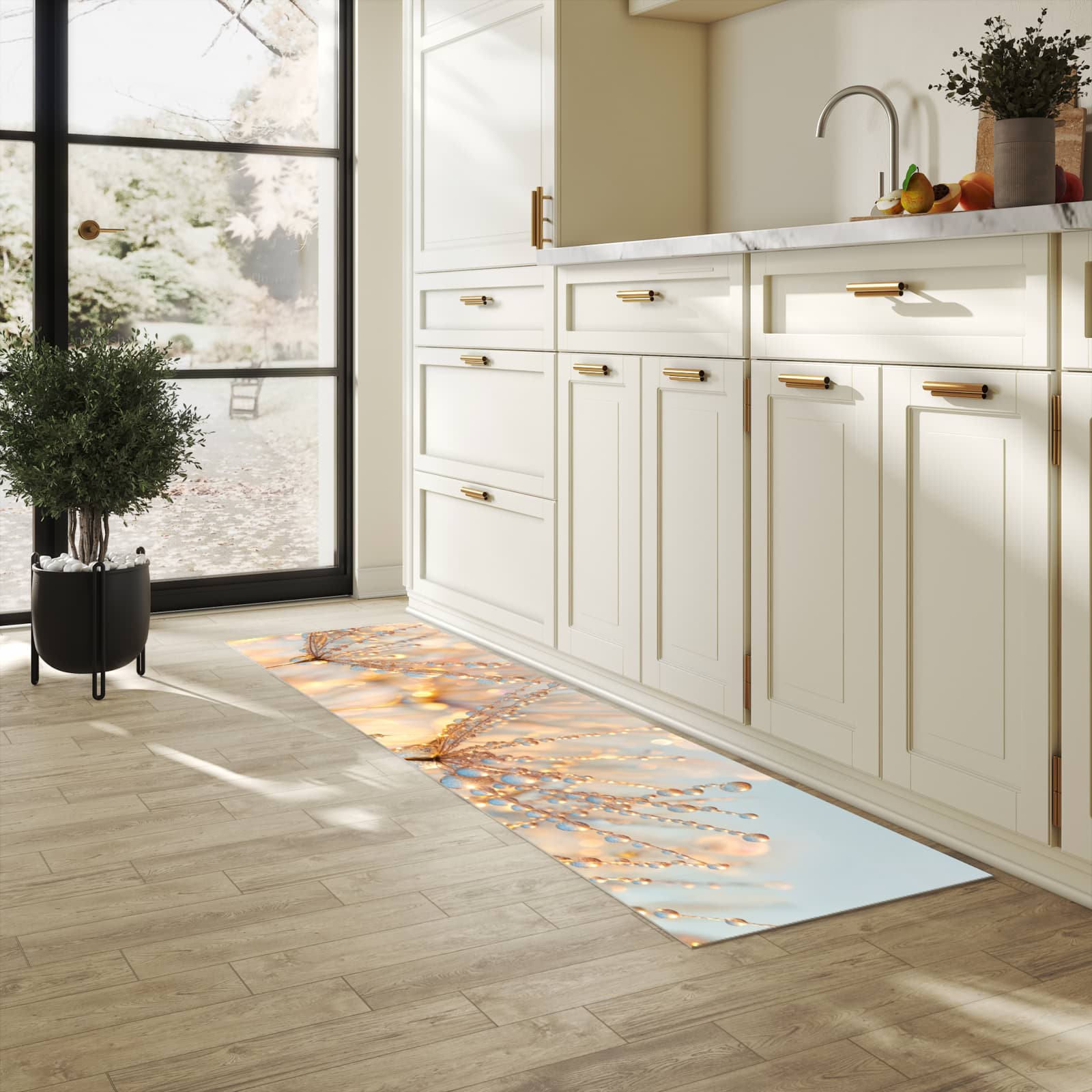 Wasserabweisender Küchenläufer mit Motiv Tautropfen Panorama in heller Küche