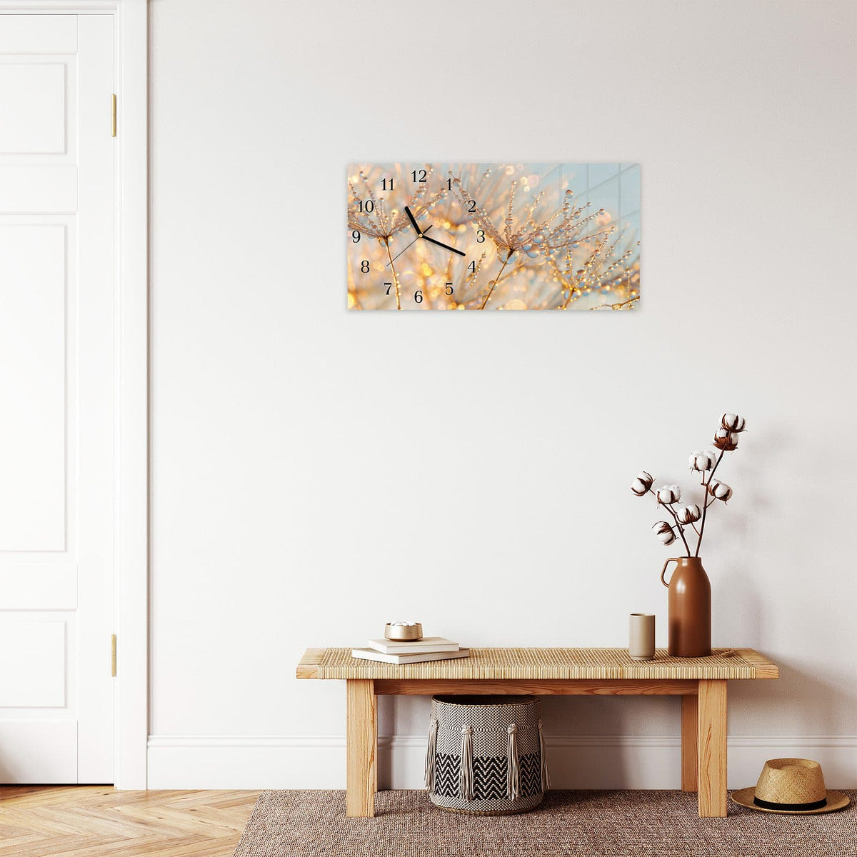 Moderne Wanduhr aus Glas mit Farbtiefe – Wanduhr Tautropfen Panorama aus Glas – Querformat 60 × 30 cm