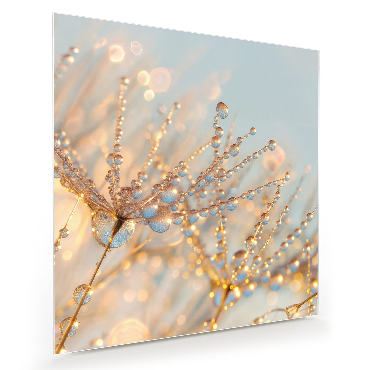 Makro von Pusteblumenschirmchen voller glitzernder Tautropfen vor hellblau-goldenem Licht