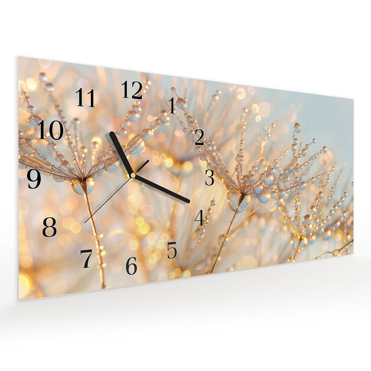 Vormontiert – mit Schwebeeffekt – Wanduhr Tautropfen Panorama aus Glas – Querformat 60 × 30 cm