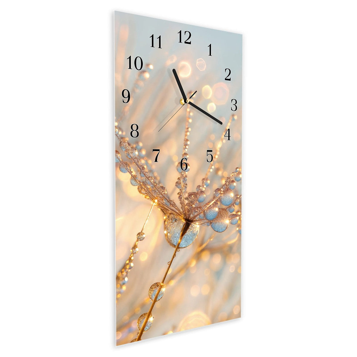 Vormontiert – mit Schwebeeffekt – Wanduhr Tautropfen Panorama aus Glas – Hochformat 30 × 60 cm